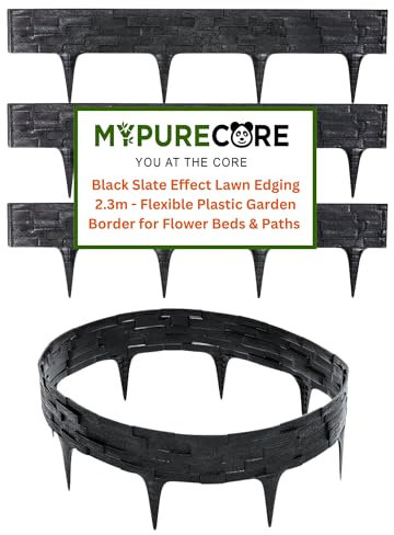 MYPURECORE Black Stone Effect Lawn Edging 2.3m - Flexible Plastic Garden Border for Flower Beds & Paths | Weather-Resistant & Recyclable Palisade | Easy Install Edging for Grass, Gravel & Landscape