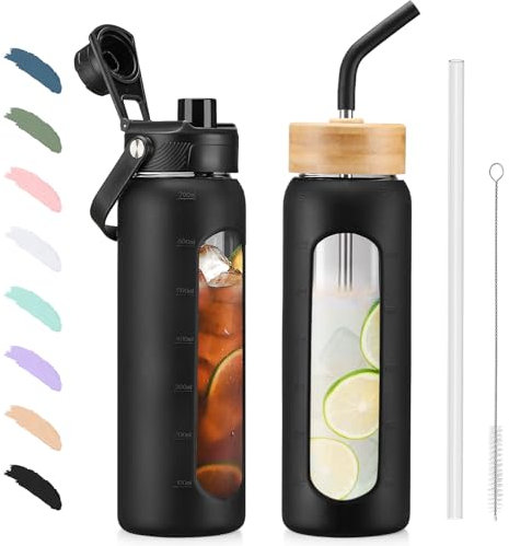 BLUEGO 700ml Glass Water Bottle with Straw and 2 Lids Glass Coffee Cup with Time Marker and Silicone Protector Glass Tumbler for Beverages Soda Cola BPA Free, Black