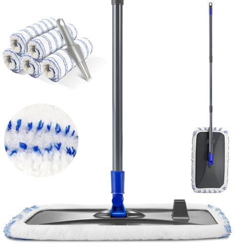 Myiosus Mocio piatto, mocio in microfibra con manico telescopico da 127 cm, mocio professionale per grandi superfici, mocio piatto per legno duro, piastrelle, marmo, con 5 panni riutilizzabili