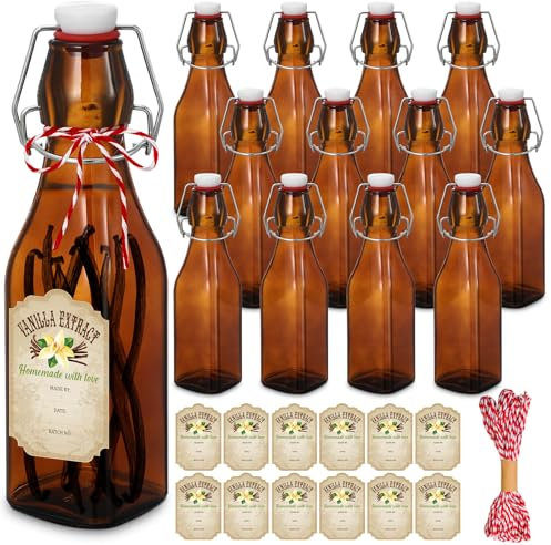 Uiifan 12 Pcs 8 oz Swing Top brown Square Glass Bottles for Vanilla Extract with Caps and Cotton Twines Label Flip Top Glass Bottle for Home Vanilla Brew Oil Beer Tea Supply