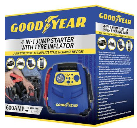 Goodyear 4-in-1 Jump Starter With Air Compressor | Portable Battery Pack, Led Light, And USB Power Bank| Powerful 1200a Peak Current, Ideal For Cars, Trucks, And Motorcycles | Versatile Emergency Tool
