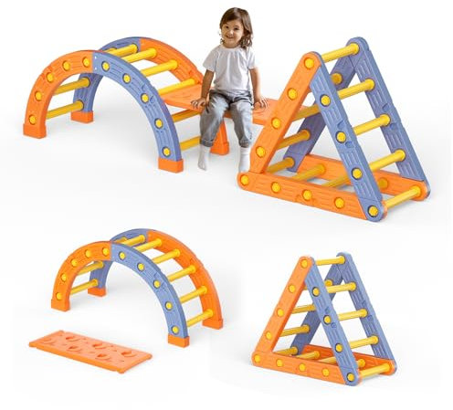 MINENICE Montessori - Set di impalcature da arrampicata per interni, con struttura triangolare, semicerchio, scivolo in plastica, per bambini (arancione 002)