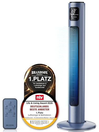Brandson - Turmventilator mit Fernbedienung - Preisträger 2026 - Oszillation 60° - Standventilator - mobiler Lüfter - Tower Fan - 96 cm - 45W - Ventilator mit 3 Geschwindigkeiten - Blau