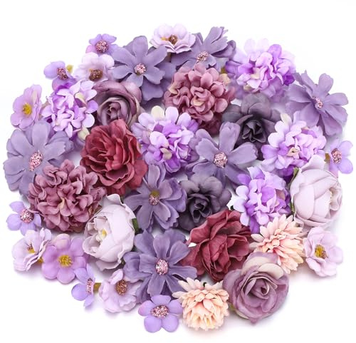 saerryor 40PCS Artificial Flowers Heads Small Purple Artificial Flowers for Cake Decorations, Silk Faux Craft Flowers for Flower Wall Panel DIY Party Cake Hair Decorative Bridal Bouquet Wedding Party