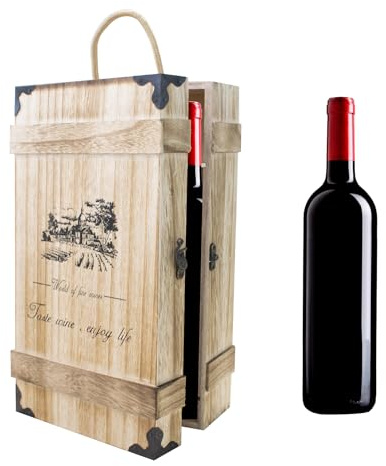 QoTang Weinbox Geschenkbox aus Holz,Wein-Box für 2 Flaschen mit Deckel und Verschluss Weinkiste Holzkiste Aufbewahrungsbox mit Griff,für Decoupage Lagerung Dekoration oder als Geschenk,35x19x10 cm