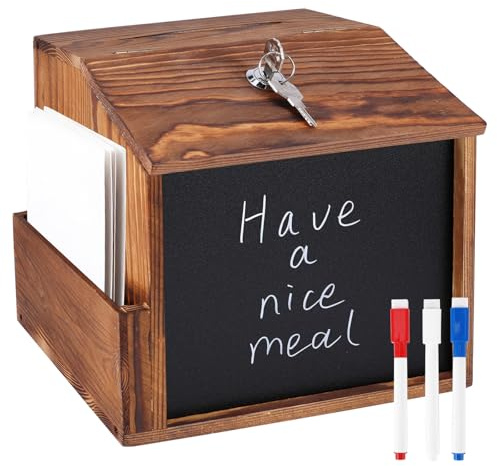 Wooden Suggestion Box with Blackboard and Lock, Wall Mounted Letter Boxes | Charity Donation Ballot Box with 3 Pens, Anonymous Collection Containers for Charity, Office Complaint & Secure Donation