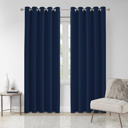 VEHEDE Navy Blue Blackout Curtains for Bedroom Soft 72 Inch Drop Thermal Rings Top Drapes Energy Saving Window Treatment Noise Reduction Wide Curtain, W66 x L72 Inch, 2 Panels