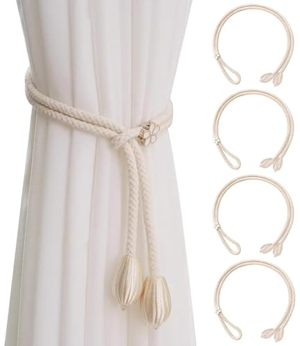 Wefaly Vorhang Raffhalter, 4 Stück Raffhalter für Vorhänge 100CM Verstellbare Gardinen Raffhalter Baumwolle Vorhang Halter Gardinenhalter für Home Büro Gardinen Deko (Beige)