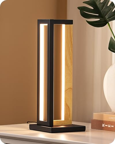 EDISHINE Nachttischlampe Touch Dimmbar, Metall & Holz, 35 cm | moderne Tischlampe mit 3 Farbtemperaturen und Memory-Funktion, ideal für Wohnzimmer, Schlafzimmer