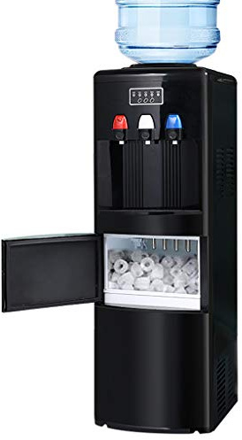 Dispensador de agua fría y caliente con máquina de hielo: enfriador de agua fría embotellada 2 en 1 con bloqueo de seguridad para niños, produce 15 kg de hielo por 24 horas para oficinas y salas de re
