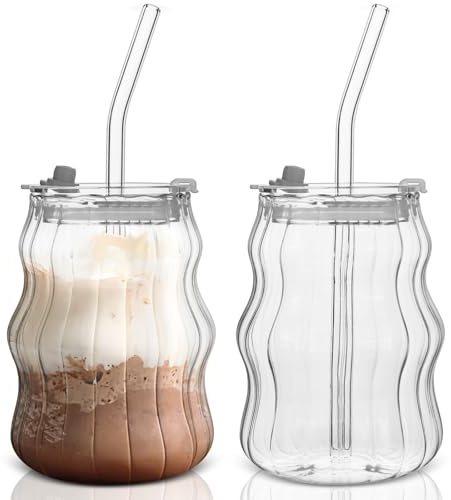 Wieat 530ML Ribbed Glass Cups with Lids and Straws, Glass Coffee Mugs, Glasses for Iced Coffee, Wavy Cups with Straws, Clear Bubble Ribbed Glasses