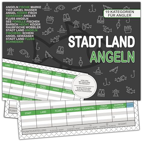 Bezify Angel Spiel Stadt Land Fluss – Geschenk für Angler & Fischer – 50 Blatt Spielblock aus Recycling-Papier – Lustiges Angelgeschenk für alle mit Angelschein - Made in Germany