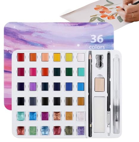 Aquarellfarbe – 36 Farben Aquarellpalette | Set mit Farben, Pinsel und Stiften für Anfänger, Erwachsene und Outdoor, Reisen, Café, Kunstprojekte, Maniküre