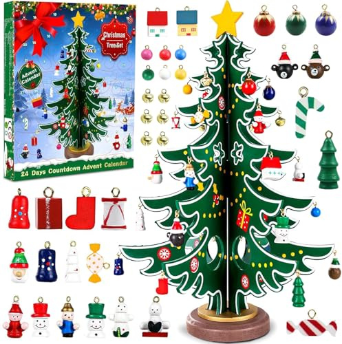 Adventskalender 2025 Hölzerner Weihnachtsbaum mit 36 Ornamenten 24 Tage Weihnachten Countdown Adventskalender Tischdeko Weihnachtsbaum Anhänger für Erwachsene Jungen Mädchen Kinder Spielzeug