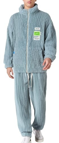 Generisch Pigiama da uomo in pile corallo, con cerniera, colletto alto, a otto camicia e pantaloni in pile ispessiti, set termico, biancheria da notte, tinta unita, autunno, inverno, Blu, L