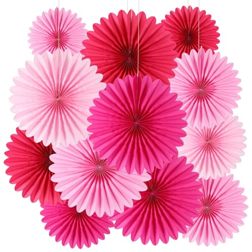 BestoFun 12 Stück Papier Fächer Set Rosa Party Deko Hängende Rose Papierfächer Dekoration für Gartenparty Tischdeko Geburtstagsdeko Hochzeit Baby Shower
