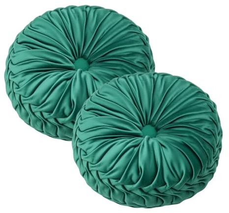 Minifactory 2pcs Washable Round Pumpkin Cushions, Soft Velvet Plush Pillows with Decorative Button, Modern Decorative Throw Pillows for Sofa, Bed, Car & Home Decor (Dark Green)