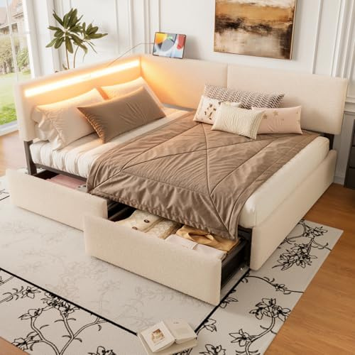 KALALLA Upholstered Full Size Daybed with L-Shaped LED Headborad Built-in USB Ports, Corner Unit Day Bed, Space Saving, No Box Spring Required, Kids Boys Adults Girls, Beige