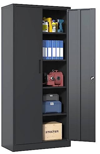 IKIMI 180x80x40cm Metallschrank mit 2 Türen und 4 Verstellbare Einlegeböden,Mehrzweckschrank mit Schloss,Aktenschrank,Stahl-Aufbewahrungsschran Schwarzer Werkzeugschrank für Garage Büro,Wohnzimmer