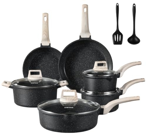CAROTE 12-Piece Nonstick Pots and Pans Set with Lids&Utensils | Marble-Effect Coating, Suitable for All Hob,Heat-Resistant Handle,Easy to Clean,PFOS & PFOA Free,