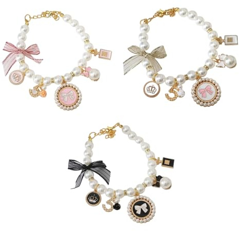 3Pcs Dog Necklace Elegant Pearl Cat Collar Puppy Accessories for Dog Cat Adjustable Jewelry Collars for Daily Wear Parties and Pet Photography