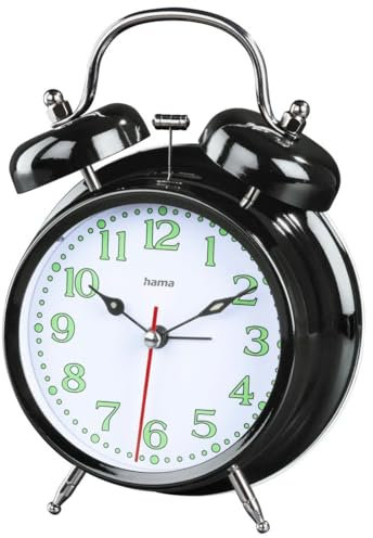 Hama analoger Wecker inkl. Batterie (batteriebetriebene Retrouhr mit Alarmfunktion, Glockenwecker mit Licht, fluoreszierender Stunden- und Minutenzeiger, 12,5 x 6,5 x 17 cm) schwarz, weiß