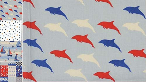 StoffBook BLAU/ROT/WEIß Baumwollstoff MARITIM-Muster Baumwolle Popeline Bedruckt Delfine Patchwork Stoff, E037 (Blau/Rot/Weiß)