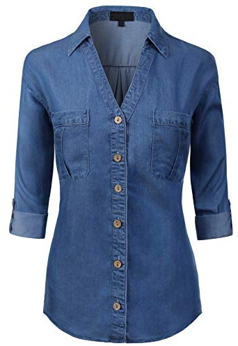 MixMatchy Women's Casual Basic Roll Up Sleeve Denim Chambray V-Neck Tencel Button Down Shirt Medium Denim L