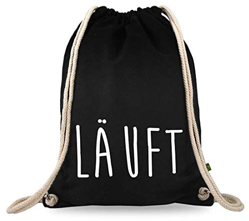 Turnbeutelliebe® Turnbeutel mit Spruch - lustige Motive & Sprüche - Bedruckt - Baumwolle schwarz - Sportbeutel - Rucksack - ca. 12 Liter - 37 x 46 cm (Läuft)