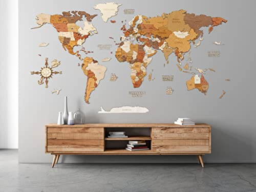 68travel Carte du monde en bois pour décoration murale - bois teinté multicolore, multicouches, noms gravés - Effet 3D unique - Pour salon, bureau ou chambre (MEGA 300x170 cm - Adventurer)
