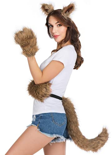 PPFINE Wolf Fuchs Schwanz Clip Ohren und Handschuhe Set Halloween Weihnachten Fancy Party Kostüm Spielzeug Geschenk für Kinder oder Erwachsene