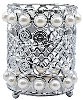 Gullor Handgefertigte Perlen Make-up Pinselhalter Organizer Augenbrauen Kamm Pinsel Stift Kosmetik Aufbewahrungsbox für Eitelkeit Badezimmer Schlafzimmer Büro Schreibtisch Silber