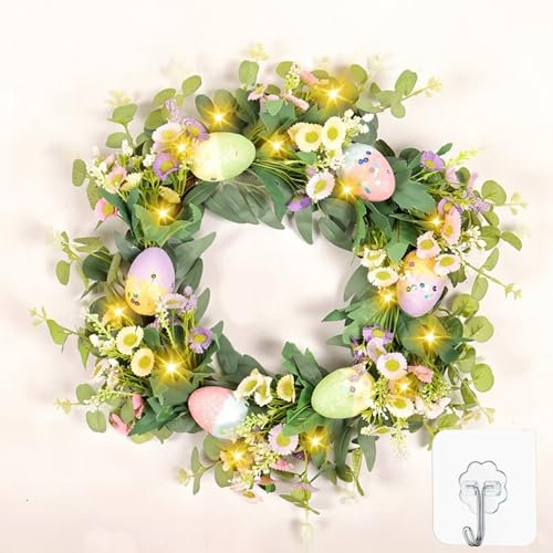 45cm Artificial Easter Wreath Decorations with LED String Lights,Hanger - 45cm for Front Door,Wall Hanging,Spring Wreath with Eggs for Easter Holiday Home Party Wall Decor (Egg)