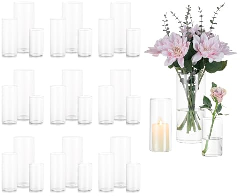 Glasseam Deko Vase Glas Zylinder Tischdeko, 30er Klar Vasen Set für Kerzen | Glaszylinder Windlicht, Blumenvase Modern Glasvase, Tulpenvase, Tischvase, Hochzeit, Wohnzimmer, 10x5.5/15x6.5/20x8.5cm