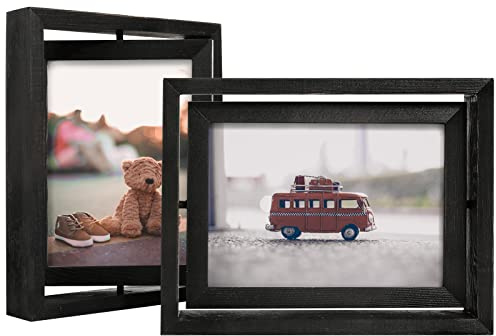 EGOFINE 2 Pack 7x5 Rotating Floating Picture Frames,Double-Sided Display with HD Glass Front Wooden Distressed Frame for Vertical or Horizontal Tabletop Display, Black