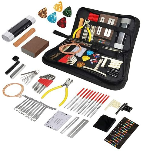 Gitarrenreparatur-Wartungswerkzeug-Set, 72-teilig, inkl. Gitarrensaiten, Plektren, Steg, Gitarrencode für Akustik-, E-Gitarre, Bass, Ukulele