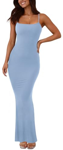 REORIA Women's Sexy Casual Lounge Slip Long Dress Elegant Wedding Guest Sleeveless Backless Ribbed Bodycon Maxi Dresses Blue Small