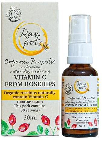 RAW POT - Organic Propolis Spray with Vitamin C from Rosehip - Alcohol-Free Pure Natural Raw Bee Propolis Liquid Extract for Sore Throat, Skin Care, Immunity Support Supplement | Kids & Adults (30ml)