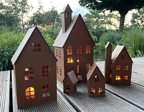 LB H&F 5er Set Häuser Gartendeko Lichthäuser AUFSTELLER Haus Dekoration Dekofigur Herbst Winter Metall Rost (Lichthaus)