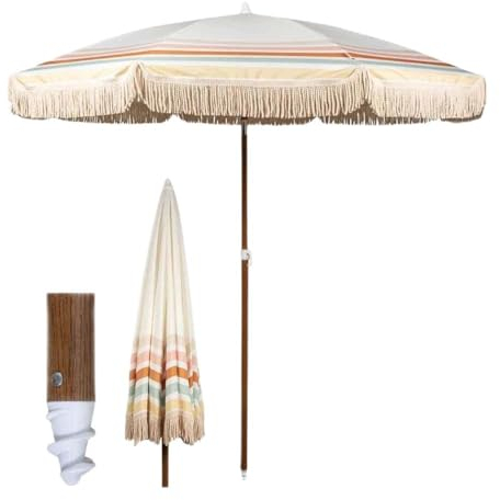 ZYBOWAYL Strand Sonnenschirm Neigbar Balkonschirm UV50+ Sonnenschutz Fransenschirm Garten Dekoschirm Rund 220cm Marktschirm Knickbar für Terrasse Garten Pool Balkon