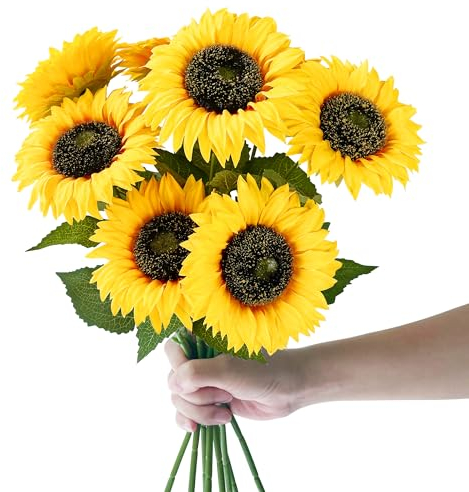 ROLLWAY 8 Stück Künstliche Sonnenblumen Deko (φ12cm), 40cm Einzelstiel Kunst Sonnenblumen Künstlich Blumen Herbst Seidenblumen Herbstblumen Kunstblumen Sonnenblume für Tischdeko Hochzeit Wohnzimmer