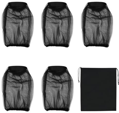 5 PCS Midge Head Net with Drawstring Bag, Midge Net Head Cover, Smidge Head Net, Fine Mesh Insect Netting Mosquito Head Net for Outdoor, Hiking, Camping, Climbing, Fishing, Midge Net Hat Hood, (Black)
