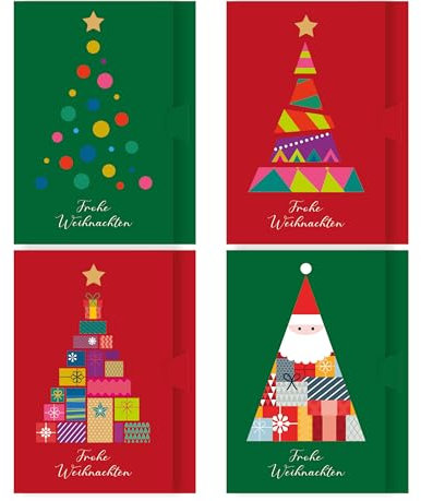 Weihnachtliches Portemonnaie im 8 Stück, Packung enthält 4 Weihnachtsbaum-Designs. Geeignet für Bargeld, Gutschein und Gutschein auf Display-Karte. Umweltfreundlich.