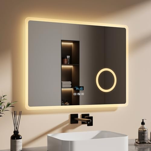 EMKE Badspiegel mit Beleuchtung 80x60cm, Bluetooth | Badezimmerspiegel mit Touchschalter, 3 dimmbare Lichtfarben, Beschlagfrei, Uhr, 3-Fach Kosmetikspiegel, IP44 Schutz