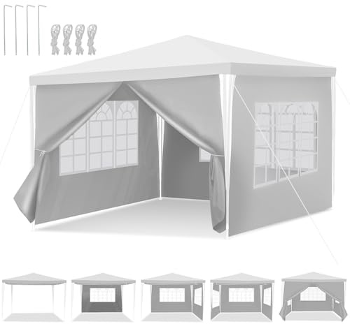 Peviasot Carpa de jardín de 3 x 3 m, resistente al agua, con paneles laterales y ventanas, protección solar, carpa exterior para fiestas, camping, festivales, color blanco
