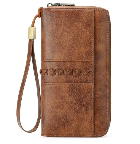 GOIACII Geldbörse Damen Groß Vintage Leder Portmonee RFID Schutz Portemonnaie Frauen mit 12 Kartenfächer Braun