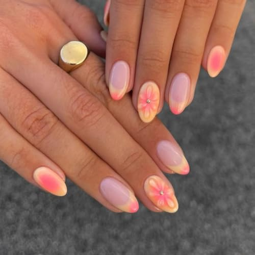 LunarCharm 24 Stück French Press on Nails, kurze ovale künstliche Nägel, 3D-Blumendesign, Ombre-Acryl-Kunstnägel-Set, mandelförmige Tip Press-on-Nägel