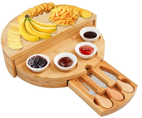 Bambus Servierplatte Käseplatte, Käseschneidebrett mit Besteck, Bambus Käsebrett mit Käsemesser Set Käseplatten Käsebretter, Servierplatte aus Holz für Käse und Appetithäppchen
