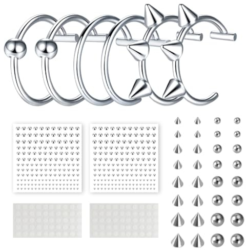 ZORVYN 1 pièce Ensemble d'accessoires de faux piercings, comprenant 6 anneaux pour les lèvres en acier inoxydable, 2 autocollants pour les sourcils et 2 autocollants pour piercings.