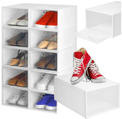 ZOLTA Schuhboxen Set 10 Stück stapelbar Aufbewahrungsboxen 33x23x14 cm Weiß mit transparenter Klapptür Modular Schuhregal Organizer für Schuhe Spielzeug Kosmetik Dokumente Staubschutz